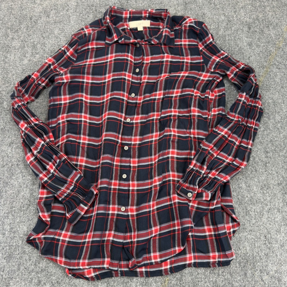 LOFT Plaid Button Down Shirt Navy Blue Red White Size M